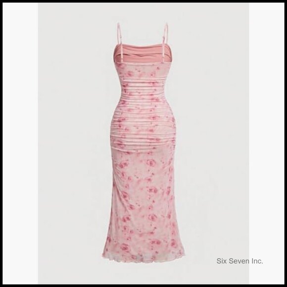 Floral Spaghetti Strap Midi Dress for Wedding Guest Cocktail Party - Picture 2 of 4